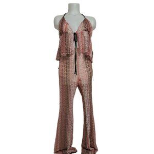 Forever 21 Womens Lace Sheer Halter Jumpsuit Pink Brown Boho Festival Lounge L